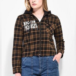 Broken Promises Love is Lethal Brown Hooded Flannel Jacket Size Large